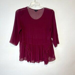 Theory Silk Peplum Blouse Top Womens L Red Ruffle Trim 3/4 Sleeve Chiffon Sheer